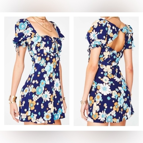 For Love & Lemons Sky Magnolia Mini Dress Floral print SzSmall in Shades of blue - Picture 2 of 12